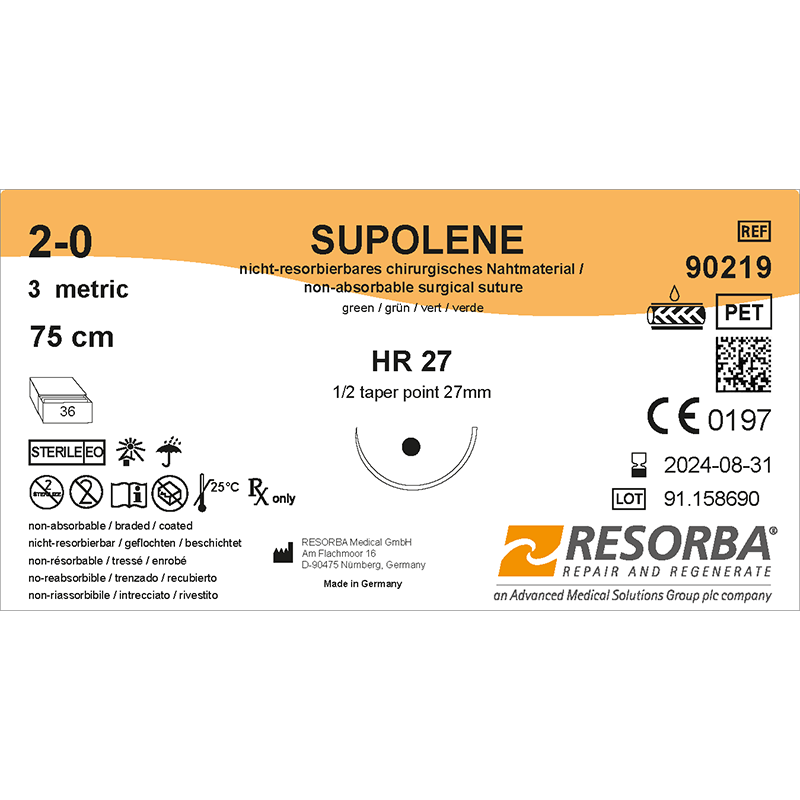 Суполен USP2-0 зелений, довжина 75см, колюча голка 27мм, 1/2 кола